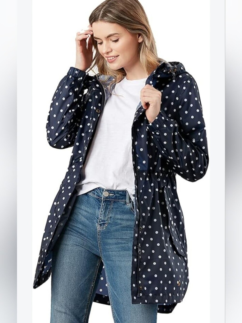 Joules NWT Womens 10 Rain Jacket Parka Blue Polka Dot Packable Waterproof Hooded